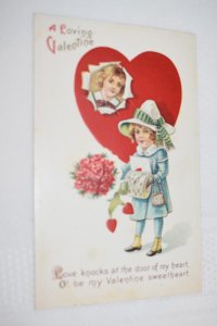 A Loving Valentine Postcard Children Hearts Flowers Made in USA S.340