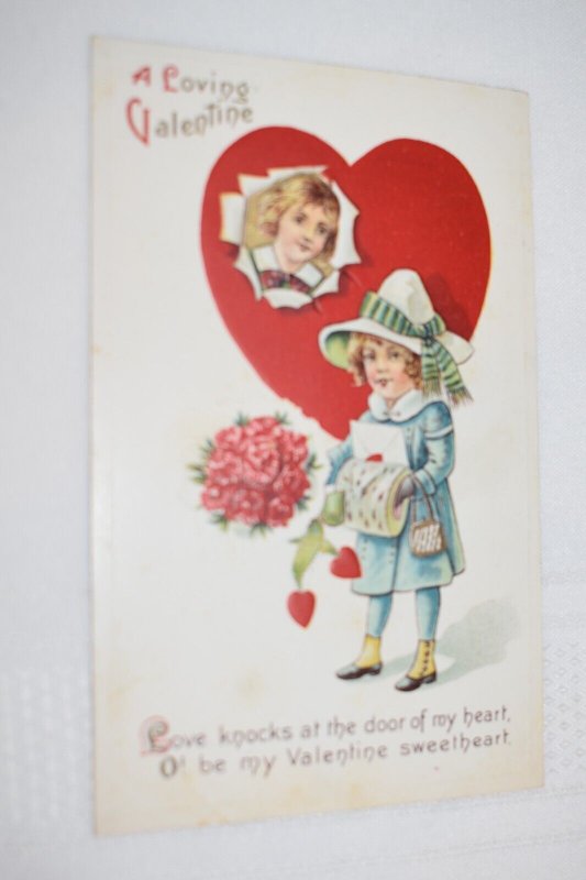 A Loving Valentine Postcard Children Hearts Flowers Made in USA S.340
