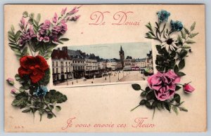 I Send You These Flowers From Place d'Armes, Douai, France, Antique Postcard CPA