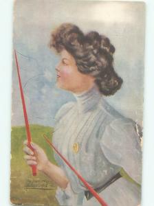 Pre-Linen signed WOMAN PLAYING WITH ANTIQUE STICK AND STRING TOY AB7577