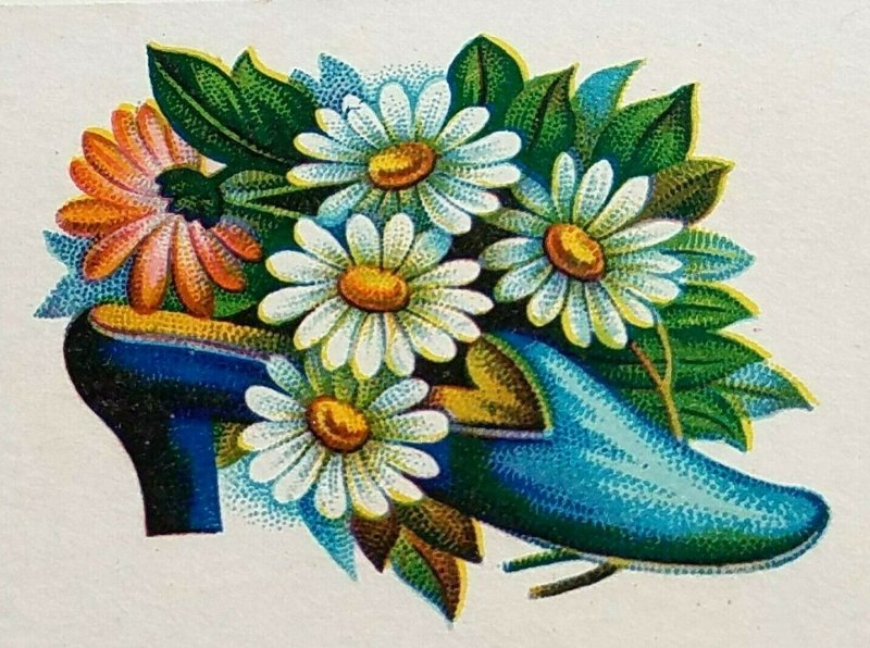 Victorian Trade Card Blue Shoe with Daisies in Shoe