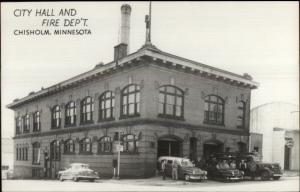 Chisholm MN City Hall Fire Department Engines Real Photo Postcard