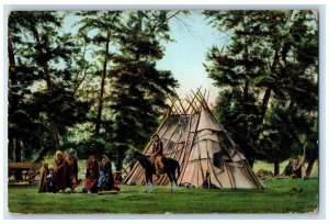 c1910 Indian Camp Tents Family Wagon Riding Horse Trees Near Spokane WA Postcard