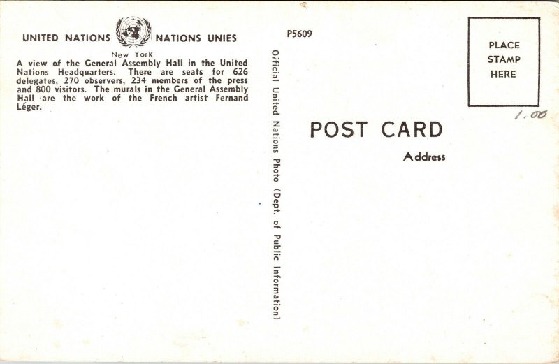 General Assembly Hall United Nations Headquarters New York City NY Postcard VTG 