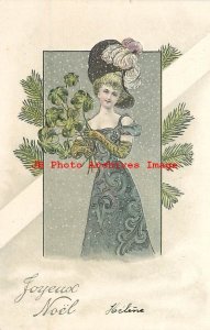 Christmas, Joyeaux Noel, Art Nouveau, Woman Holding 4 Leaf Clover