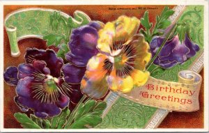 Postcard Birthday Greetings - purple yellow flowers Samson Brothers 7105