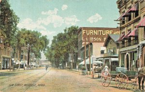 Westfied MA Elm Street Furniture Store Horse & Wagons Trolley Tracks Postcard