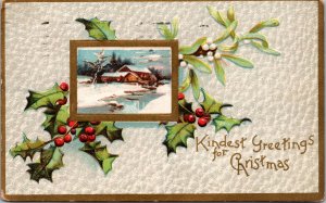 Postcard Kindest Greetings for Christmas Holly Cabin River 1909 Syracuse