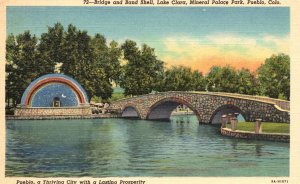 Vintage Postcard Bridge Band Shell Lake Clara Mineral Palace Park Pueblo Colo.