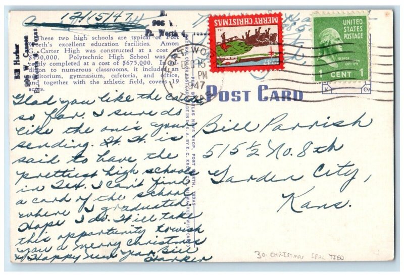 1947 Amon Carter Riverside Polytechnic High School Christmas Seal Tide Postcard