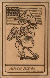 Little Boy as Teddy Roosevelt Toy Cock Horse ROUGH RIVER & Flag Postcard c1910