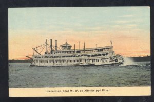 MISSISSIPPI RIVER RIVERBOAT STEAMER BOAT W.W. VINTAGE POSTCARD 1909