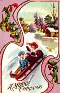 A Merry Christmas - Children on Sled - Hollys - Embossed - c1908