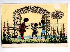 240390 SILHOUETTE Kids in Garden TERRIER Vintage Colorful PC