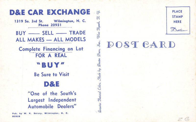 Wilmington NC D&E Car Exchange All Makes & Models Dealership. Postcard