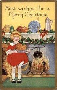 Whitney Christmas Little Girl With Christmas Pudding at Fire Vintage Postcard