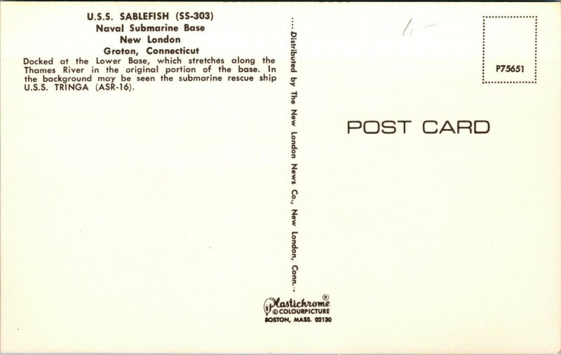 Vtg The USS Sablefish SS-303 Naval Submarine Base New London Groton CT Postcard