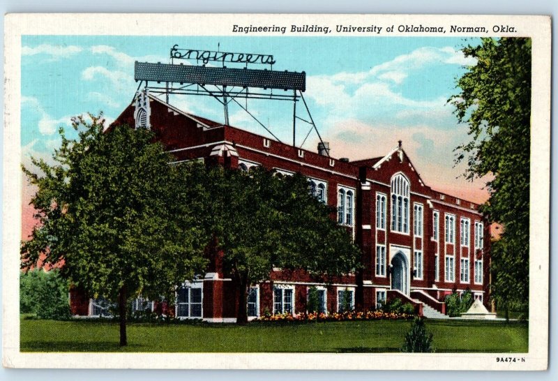 1947 Norman Oklahoma OK Vintage Postcard Engineering Building University Field