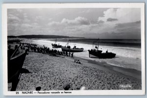 Nazare Portugal Postcard Fishermen beaching their boats c1930's RPPC Photo