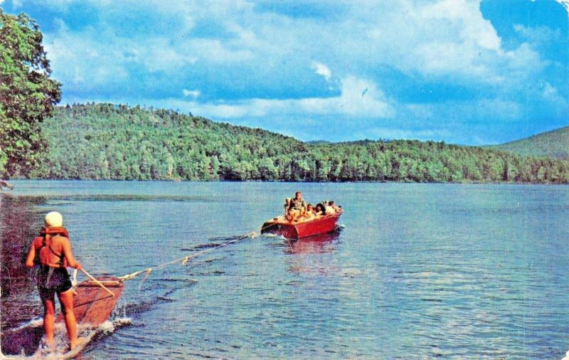 FT GIBSON LAKE OKLAHOMA-AQUAPLANING BEHIND SPEED BOAT POSTCARD 1960