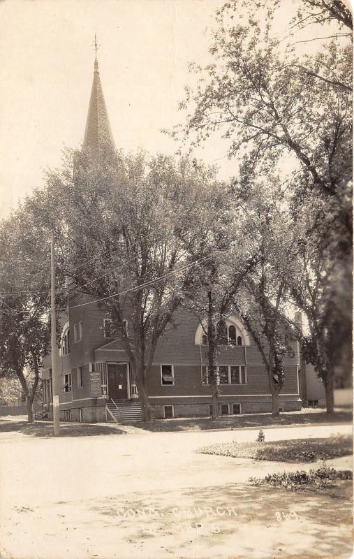 Le Mars Iowa~Congregational Church~Tall Steeple~Sign in Front~c1910 RPPC