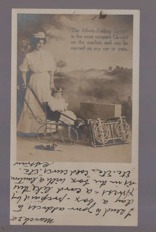 Watertown WISCONSIN RPPC 1907 ADVERTISING BABY CARRIAGE Allwin Folding Go-cart