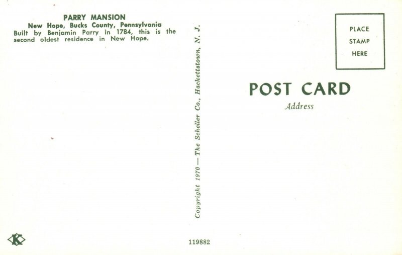 Vintage Postcard Parry Mansion New Hope Bucks County Pennsylvania PA