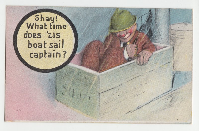 P2625 vintage postcard man in box comedy. shay what time dose zis boat sail capt