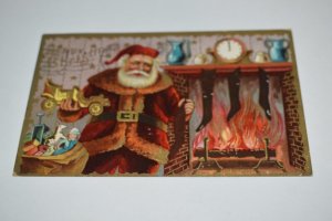 Merry Christmas Santa Claus with Sack of Toys Fireplace Embossed Postcard
