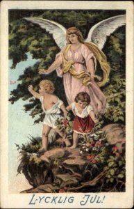 Christmas Lycklig Jul Guardian Angel Protects Kids on Cliff c1910 Postcard