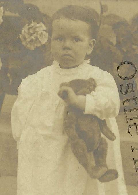 RPPC c1910 Little BOY posing with TEDDY BEAR Outside Flowers TOY TOYS Dress