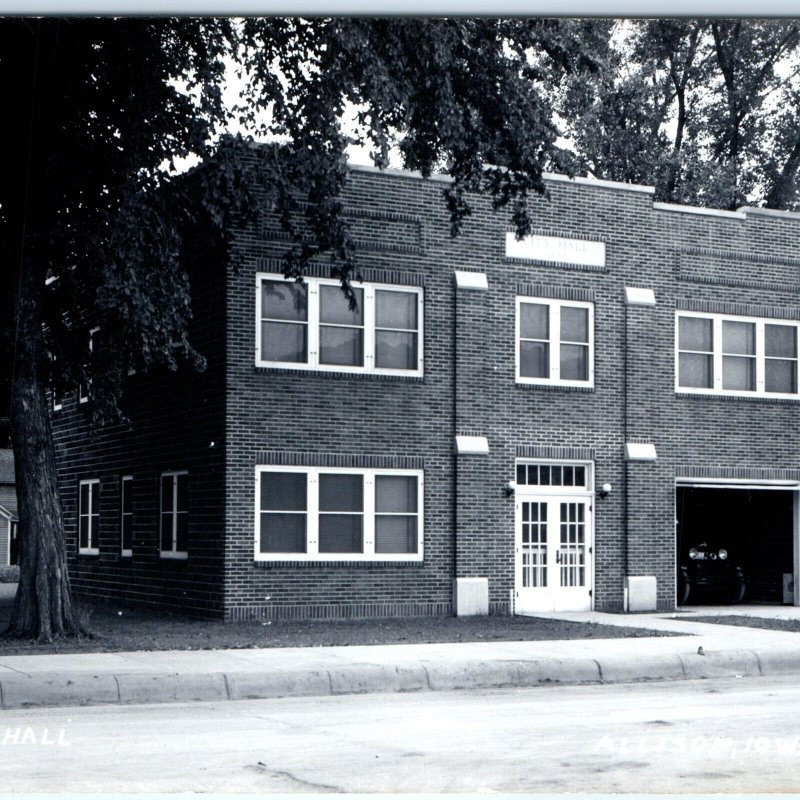 c1950s Allison IA RPPC City Hall Real Photo Postcard Brick Building Car Vtg A102