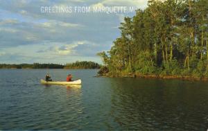 Greetings From Marquette MI Michigan Silver Canoe Postcard D10c