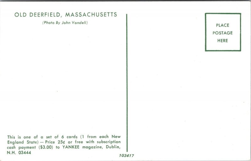 Old Deerfield Massachusetts MA House Postcard VTG UNP Vintage Unused Chrome 