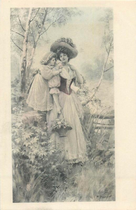 P. Tarrant signed fancy glamour lady & girl fantasy eraly postcard