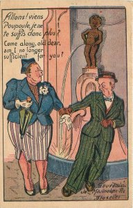 Postcard 1930s Belgium peeing statue couple fat woman comic humor 23-11353