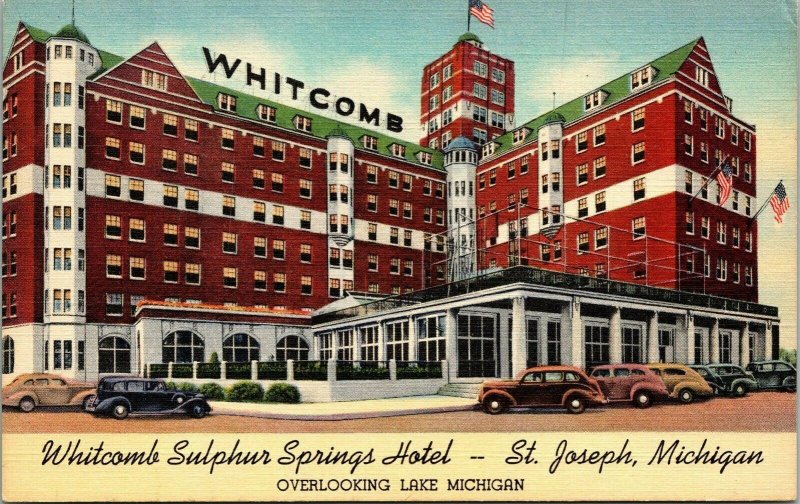 Whitcomb Sulphur Springs Hotel St Joseph Michigan MI Old Car Linen Postcard VTG 