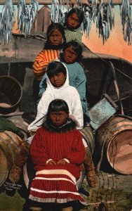 Vintage Postcard 1916 Indian Children Selling Fish Goods In The Market