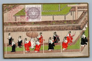 JAPANESE IMPERIAL COURT SAMURAIS ANTIQUE EMBOSSED POSTCARD w/ STAMP