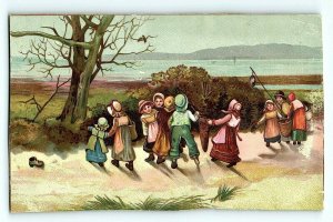 1880's Victorian Card Children Picking Fruit Berries Lake Beach Scene 7E