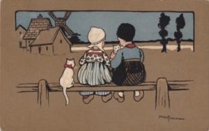 Dutch Kids Sitting On Fence Signed Ethel Parkinson 1911