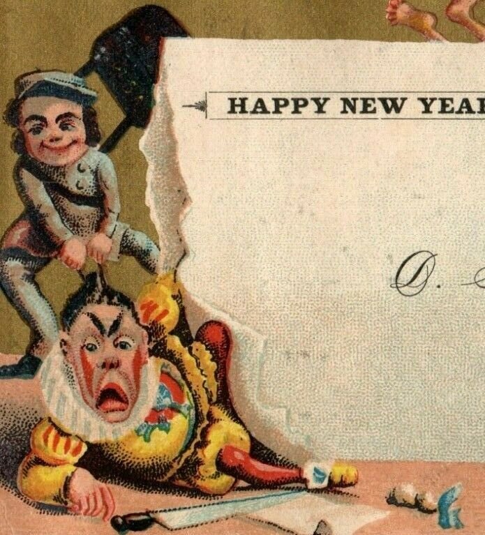 1881 Mail Carrier Mailman New Year's Card Clown Giant Letter Children P208  