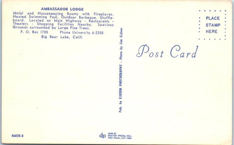 BIG BEAR LAKE, California  CA   Roadside  AMBASSADOR LODGE  ca 1960s    Postcard 