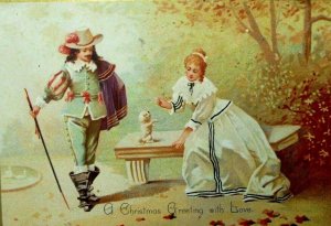 1880s Silk Edged Man Musketeer Lady Dog 4 5/8 x 6 5/8 Victorian Christmas 7B
