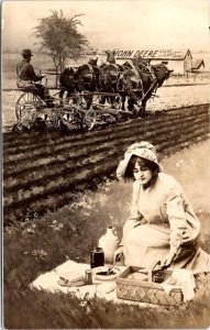 RPPC, Advertising JOHN DEERE Light Draft Plows  WOMAN'S PICNIC  1912 Postcard