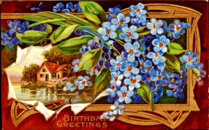 Birthday~BEAUTIFUL FORGET-ME-NOTS & LAKE HOUSE~GOLD~Antique GEL Postcard~Germany