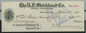 1910 R.F. Strickland Co. General Merchandise Concord Ga Check $27 A51