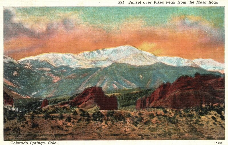 Vintage Postcard Sunset Over Pikes Peak From The Mesa Road Colorado Springs CO