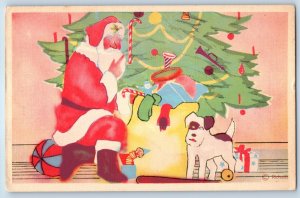 Christmas Santa Claus Sack Of Toys And Gifts Decorated Christmas Tree Postcard