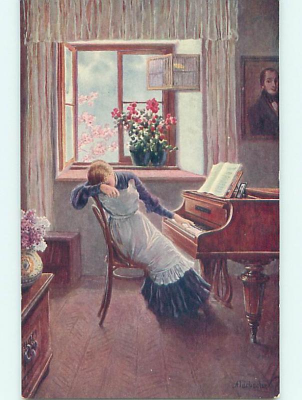 Unused Divided-Back foreign signed WOMAN PLAYING A GRAND PIANO r1619